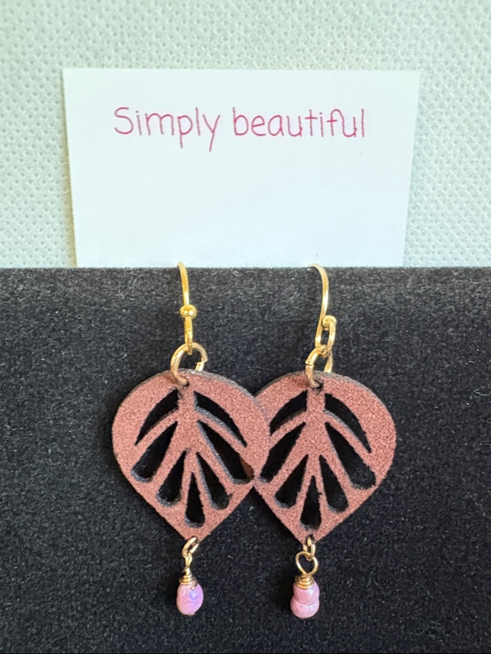 Simply Beautiful Brown Leather Leaf  Earrings with Purple fresh water pearls